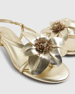 Gold Kitten Heeled Flower Sandals