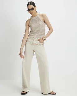 Gold Knitted Cotton Blend Sequin Vest Top