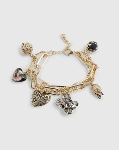 Gold Mixed Metal Charm Chain Bracelet