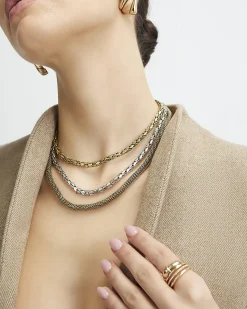Gold Mixed Metal Multi Row Chain Necklace