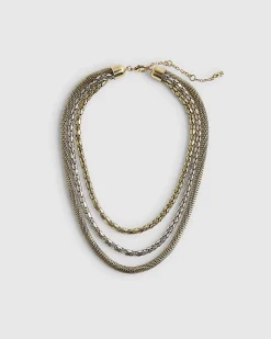 Gold Mixed Metal Multi Row Chain Necklace