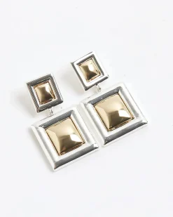 Gold mixed metal square drop earrings
