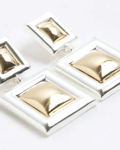 Gold mixed metal square drop earrings