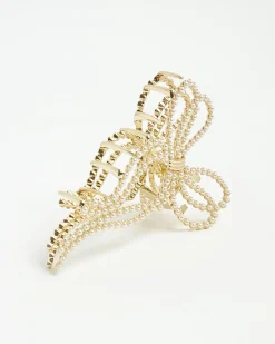 Gold Pearl Bow Claw Hair Clip