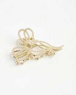 Gold Pearl Bow Claw Hair Clip