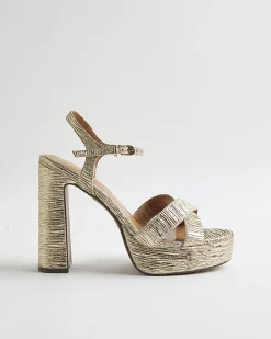 Gold Pleated Fabric Platform Heeled Sandals
