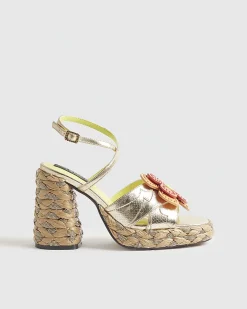 Gold Raffia Heel Flower Sandals