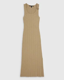 Gold Rib Knit Buckle Midi Dress