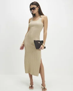 Gold Rib Knit Buckle Midi Dress