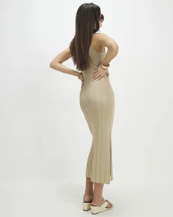 Gold Rib Knit Buckle Midi Dress