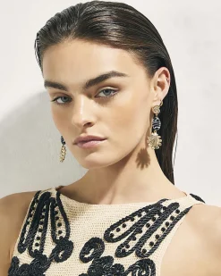 Gold Shell Stripe Bead Drop Earrings