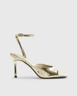 Gold Square Toe Heeled Sandals