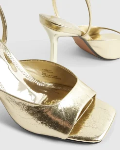 Gold Square Toe Heeled Sandals