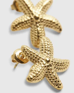 Gold Stainless Steel Starfish Stud Earrings