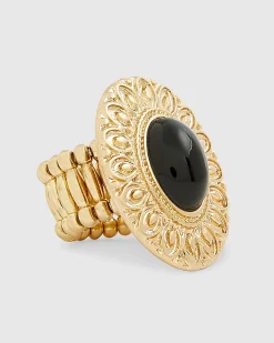 Gold stretch black stone ring