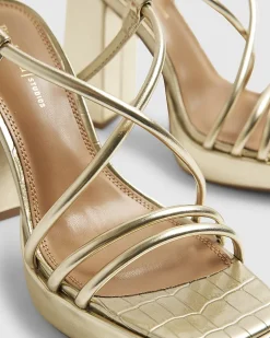 Gold Triple Strap Platform Heeled Sandals