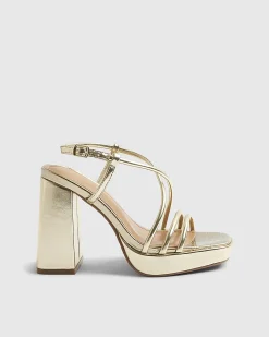 Gold Triple Strap Platform Heeled Sandals