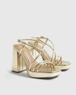 Gold Triple Strap Platform Heeled Sandals