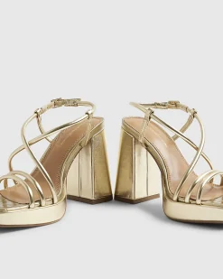 Gold Triple Strap Platform Heeled Sandals