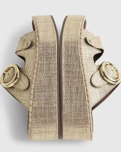 Gold Wide Fit Ring Buckle Wedge Sandals