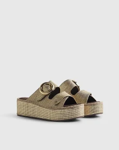 Gold Wide Fit Ring Buckle Wedge Sandals