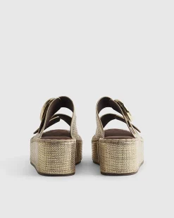 Gold Wide Fit Ring Buckle Wedge Sandals