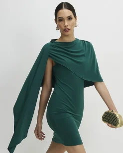 Green Asymmetric Drape Cape Dress