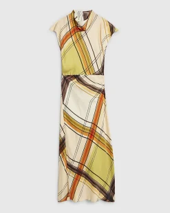 Green Check Print Column Midi Dress