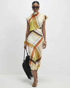 Green Check Print Column Midi Dress