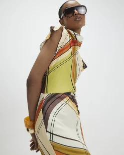 Green Check Print Column Midi Dress
