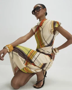 Green Check Print Column Midi Dress