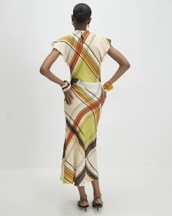 Green Check Print Column Midi Dress