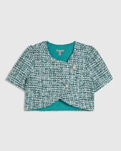 Green Cotton Blend Boucle Wrap Over Top
