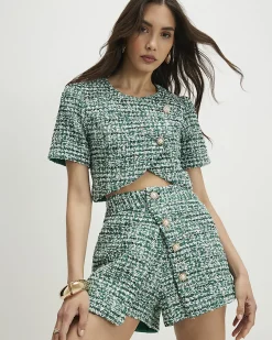 Green Cotton Blend Boucle Wrap Over Top