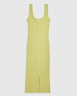 Green Cotton Blend Button Front Midi Dress
