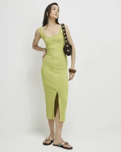 Green Cotton Blend Button Front Midi Dress