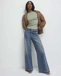 Green Cotton Blend Fitted Ribbed Top