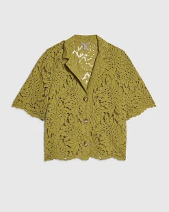 Green Cotton Blend Short Sleeve Lace Shirt