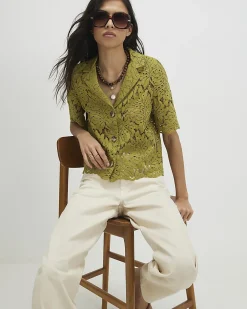 Green Cotton Blend Short Sleeve Lace Shirt