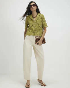 Green Cotton Blend Short Sleeve Lace Shirt