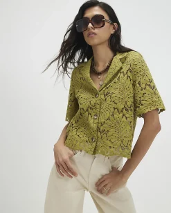 Green Cotton Blend Short Sleeve Lace Shirt