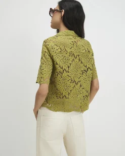 Green Cotton Blend Short Sleeve Lace Shirt
