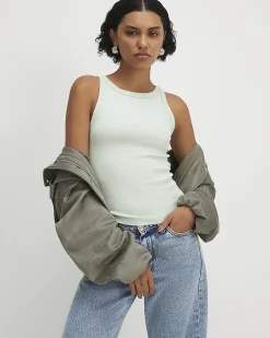 Green Cotton Blend Sleeveless Ribbed Cami Top