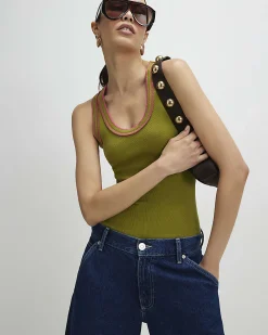 Green Cotton Blend Whipstitch Tank Top