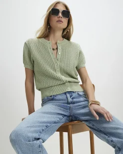 Green Cotton Knitted Button Through T-Shirt