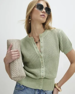 Green Cotton Knitted Button Through T-Shirt