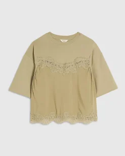 Green Cotton Short Sleeve Lace Detail T-shirt