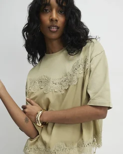 Green Cotton Short Sleeve Lace Detail T-shirt
