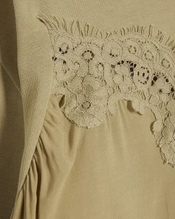 Green Cotton Short Sleeve Lace Detail T-shirt
