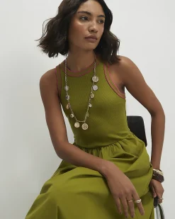 Green Cotton Sleeveless Whipstitch Maxi Dress